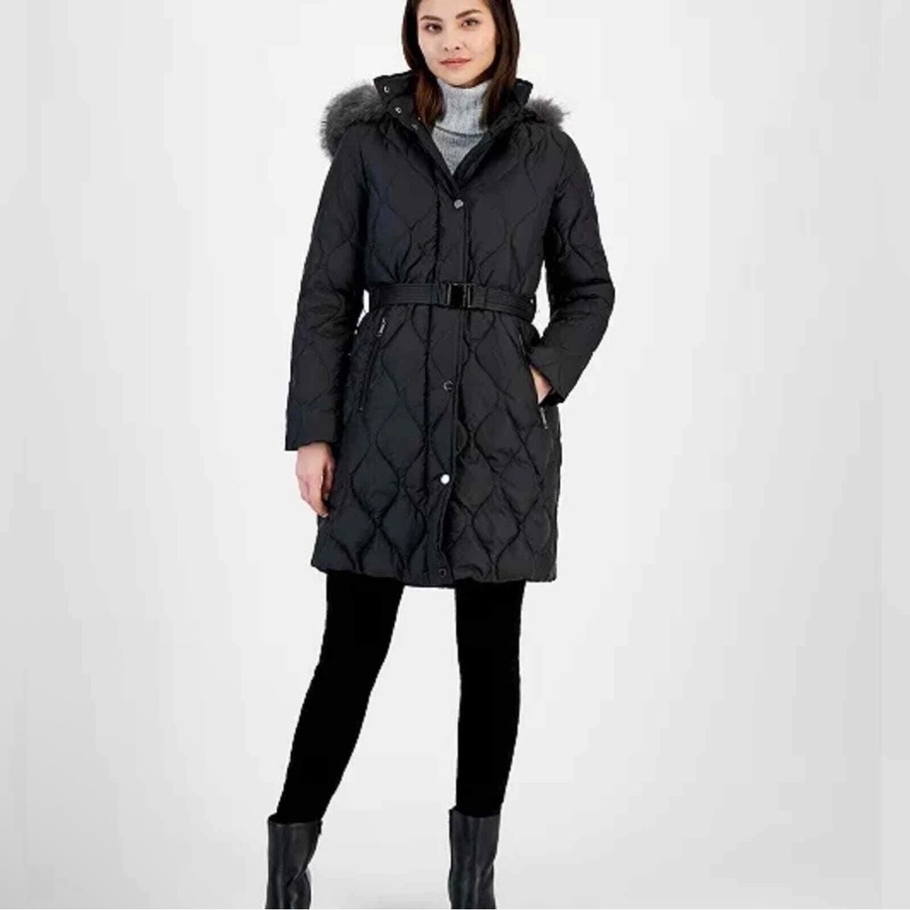 New! Michael Kors Black Quilted Down Faux Fur Long Puffer Coat Black Sz XS $360‎